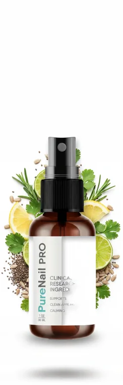 PureNail PRO botanical nail care spray bottle surrounded by lime, lemon, rosemary and seeds