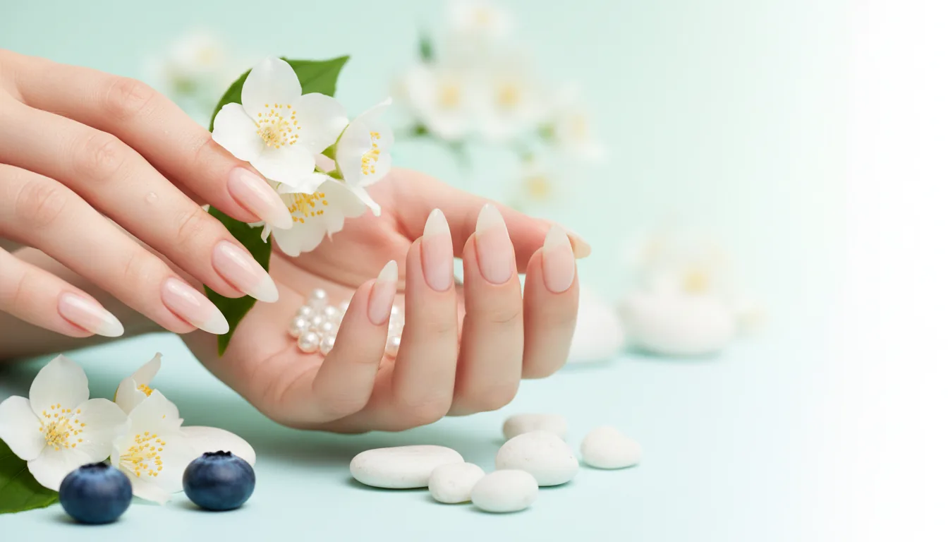 Well-kept nails and cuticles beside jasmine flowers and spa stones